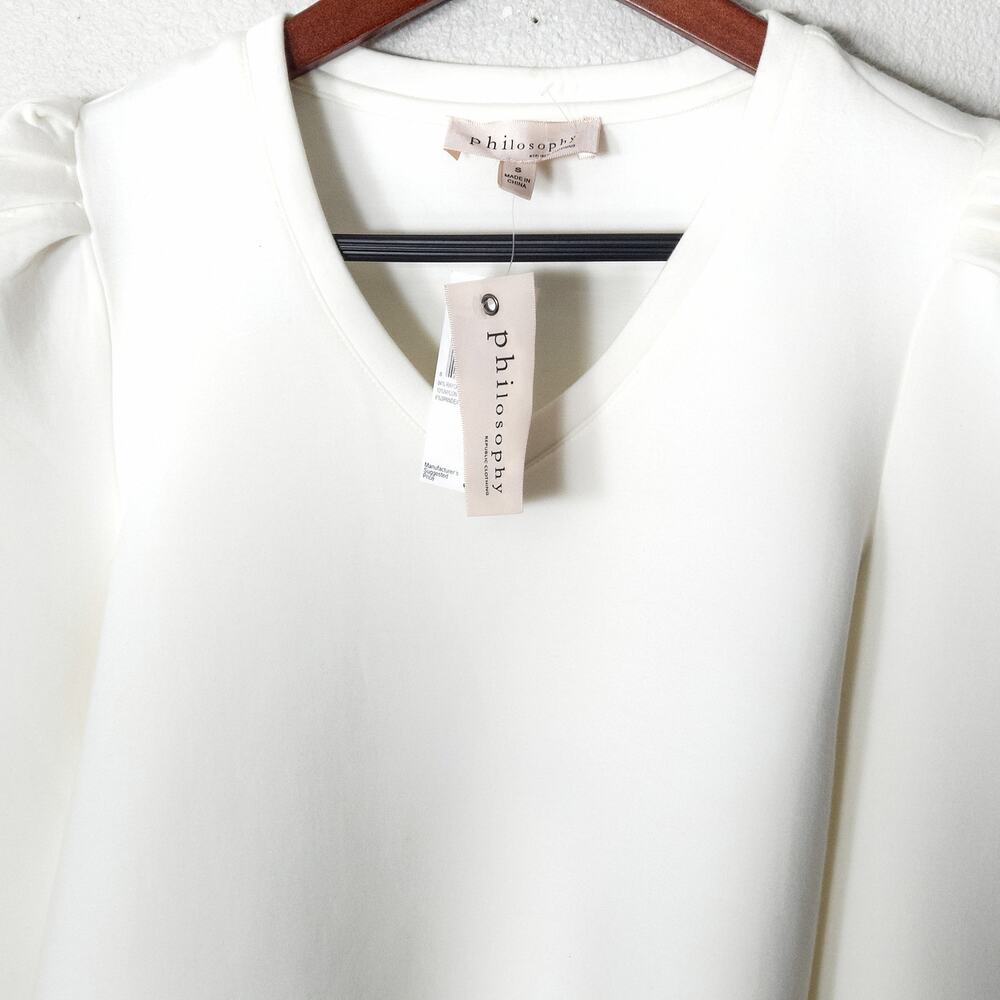 Philosophy Puff Sleeve Sweater Top White Small Clean Girl Minimalist - Picture 3 of 12